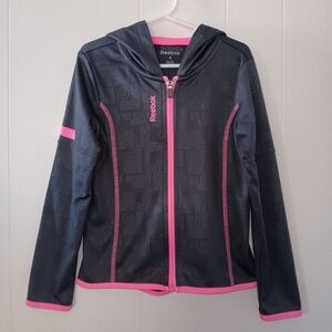 Reebok Girls Full Zip Hooded Athletic Jacket Charcoal Gray Pattern Pink Trim 6